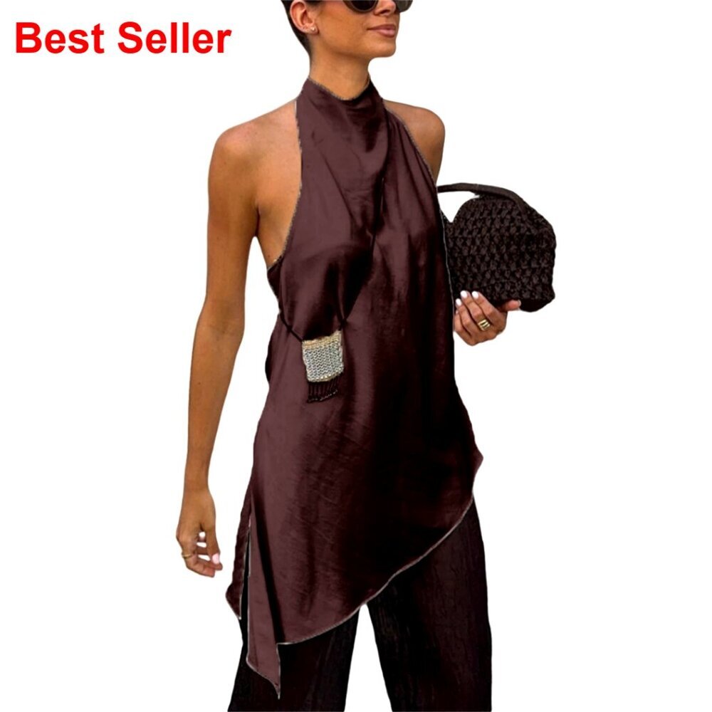 Satin Halter Camisole Mock Neck Side Split Backless Y2K Top